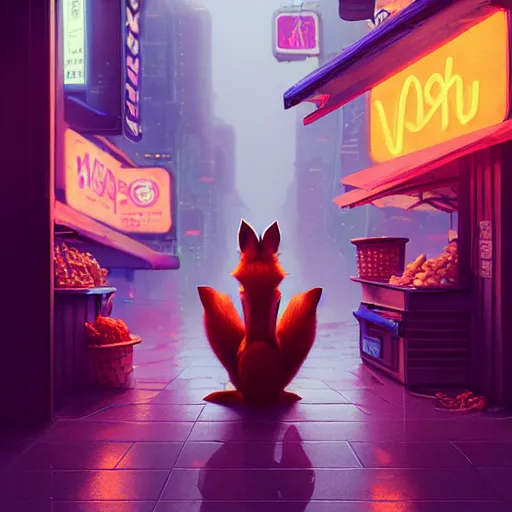 Image similar to splash art of cute female anthropomorphic vulpes vulpes fox sitting by a noodle stand in the crowded street of a cyberpunk city, rain, cyberpunk clothes, bright neon lights, atmospheric : by weta, greg rutkowski, wlop, ilya kuvshinov, rossdraws, artgerm, octane render, liosh, mucha