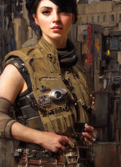 Prompt: beautiful cyberpunk pilot wearing military vest. attractive face. Iranian orientalist portrait by john william waterhouse and Edwin Longsden Long and Theodore Ralli and Nasreddine Dinet, oil on canvas. Cinematic, hyper realism, realistic proportions, dramatic lighting, high detail 4k