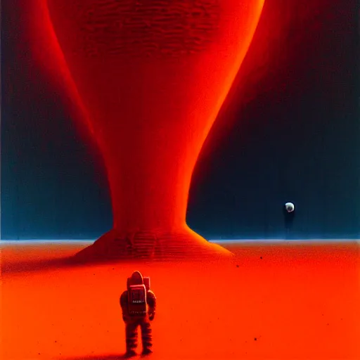 Image similar to long shot of among us red astronaut without arms, space ship in the background, amogus, art by zdzislav beksinski, high quality, dark hues, higly detailed, oil painting