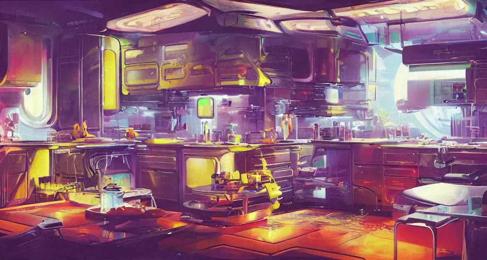 Image similar to IKEA catalogue photo of a cyberpunk kitchen on a spaceship, by Paul Lehr