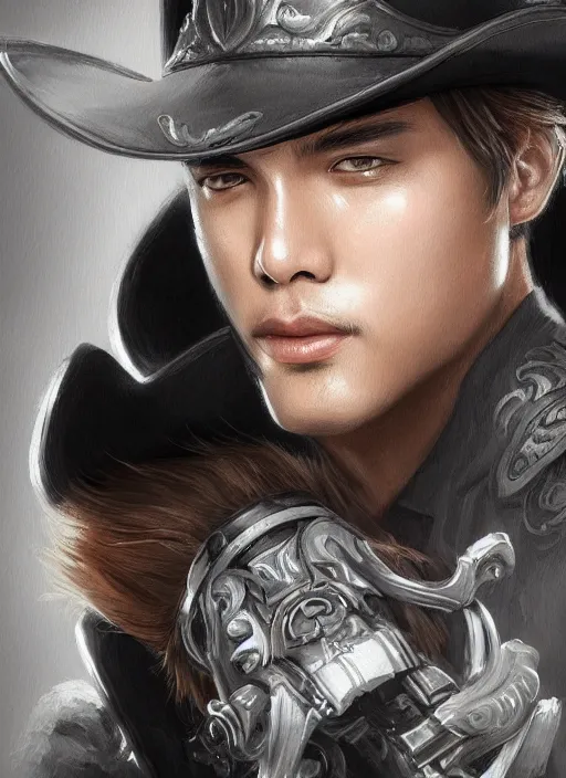 Prompt: a highly detailed illustration of bts v as cowboy wearing black cowboy hat, dramatic shooting gun pose, perfect face, intricate, elegant, highly detailed, centered, digital painting, artstation, concept art, smooth, sharp focus, league of legends concept art, wlop