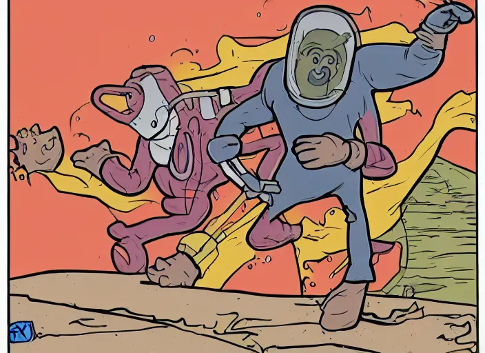 Prompt: a cartoon of a man in a hazmat suit running away from a meat monster, style of hanna barbera, moebius