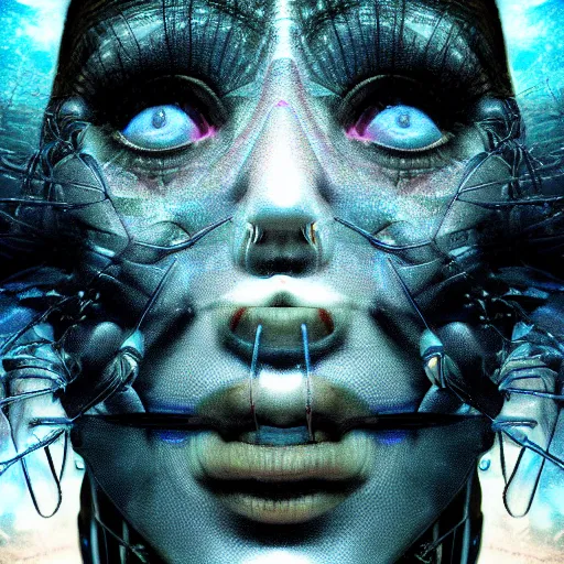 Image similar to full face close up portrait, sandman's visions of chaos in a cybernetic dream, by peter woodroffe, by igor morski, by laurie lipton, in a jungle, cinematic lighting, volumetric lighting, neosurrealism, realistic shadows, particle effects, rendered in octane, noir, electric, cosmic, cybernetics, dream