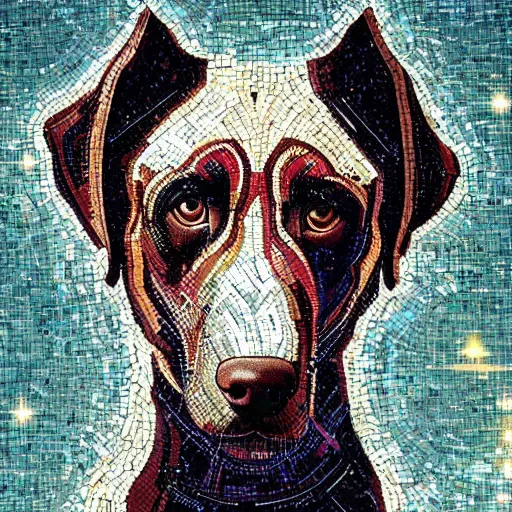 Image similar to mosaic portrait of a beautiful young dog falling into the stars by greg rutkowski, 4k, intricate details