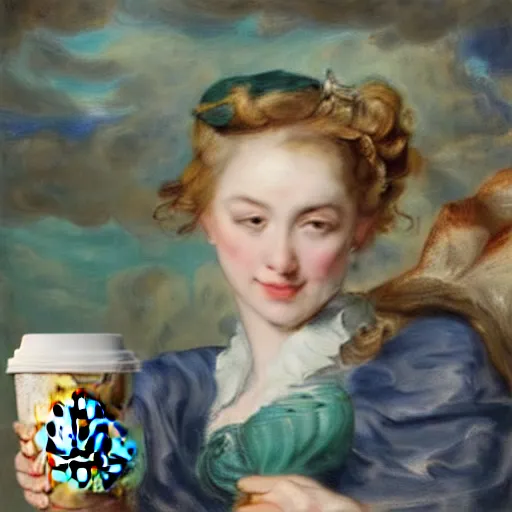 Image similar to heavenly summer sharp land sphere scallop well dressed lady holding a starbucks coffee cup, auslese, by peter paul rubens and eugene delacroix and karol bak, hyperrealism, digital illustration, fauvist, starbucks coffee cup green logo