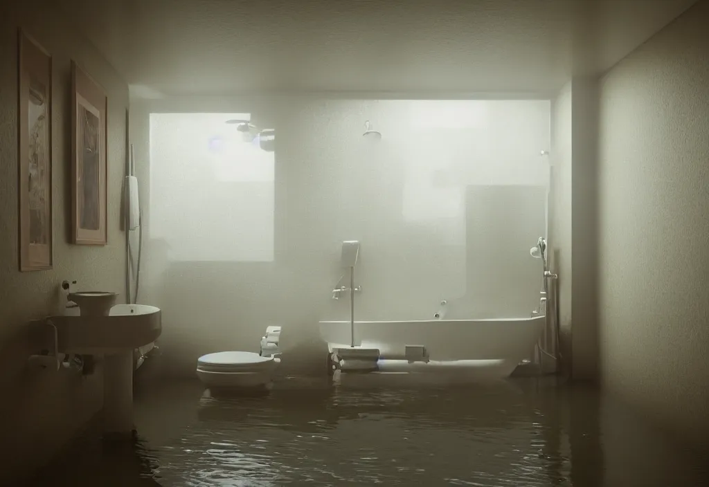 Image similar to kodak portra 4 0 0 photographic and realistic, interior of a bathroom, detailed, octane render, unreal engine, 4 k, artstation, hyper realistic, wide angle, floor flooded, how a river, objects that float, 3 5 mm, sharp focus, soft light, volumetric light fog, in the style of gregory crewdson