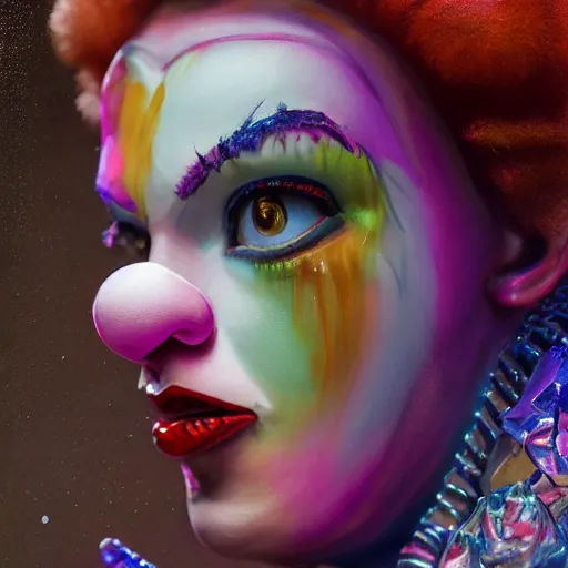 Image similar to full body pose, hyperrealistic mixed media painting of a flirty clown, dim volumetric lighting, 8 k, octane beautifully detailed render, extremely hyper detailed, intricate, epic composition, cinematic lighting, masterpiece, trending on artstation, very very detailed, masterpiece, stunning, hdr, smooth, sharp focus, high resolution, award, winning photo, dslr, 5 0 mm