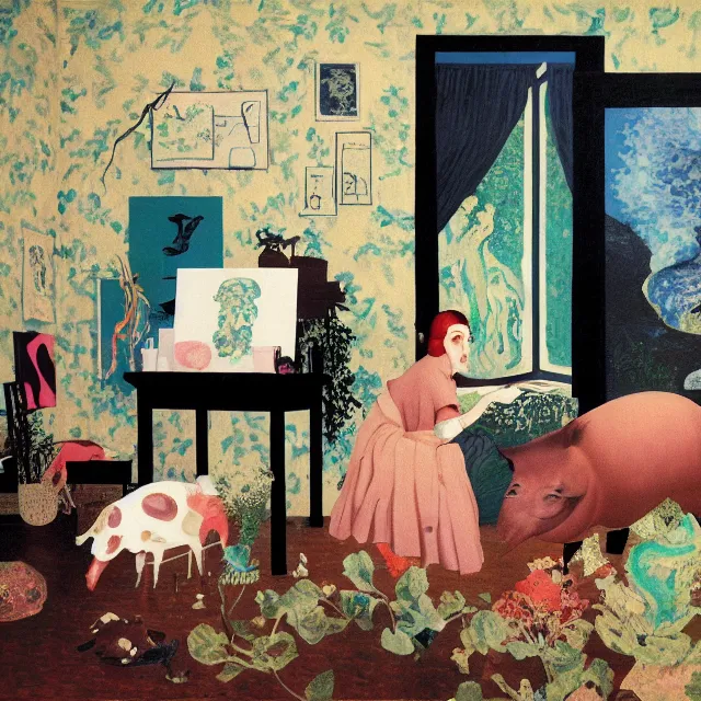 Image similar to female emo art student in her apartment, painting of flood waters inside an artist's feminine bedroom, a river flooding indoors, pomegranates, pigs, ikebana, water, octopus, river, rapids, waterfall, black swans, canoe, berries, acrylic on canvas, surrealist, by magritte and monet