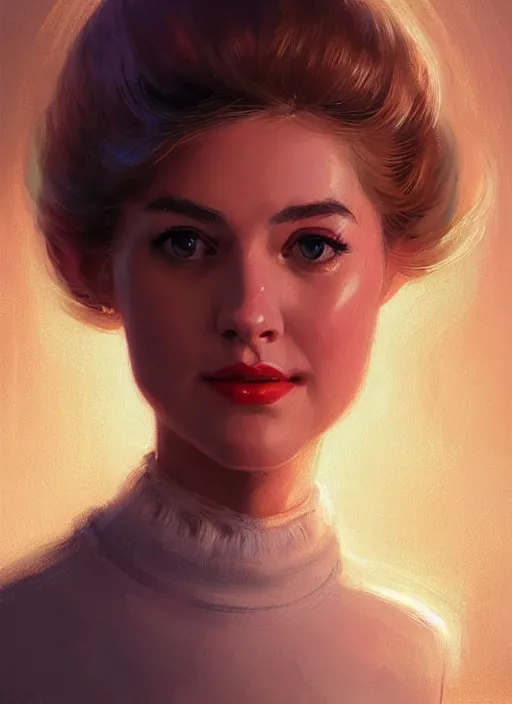 Image similar to portrait of betty cooper with fluffy bangs, bangs, 1 9 6 0 s, ponytail, curly bangs and ponytail, rounder face, intricate, elegant, glowing lights, highly detailed, digital painting, artstation, concept art, smooth, sharp focus, illustration, art by wlop, mars ravelo and greg rutkowski