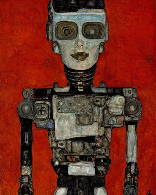 Image similar to portrait of a robot by egon schiele in the style of greg rutkowski