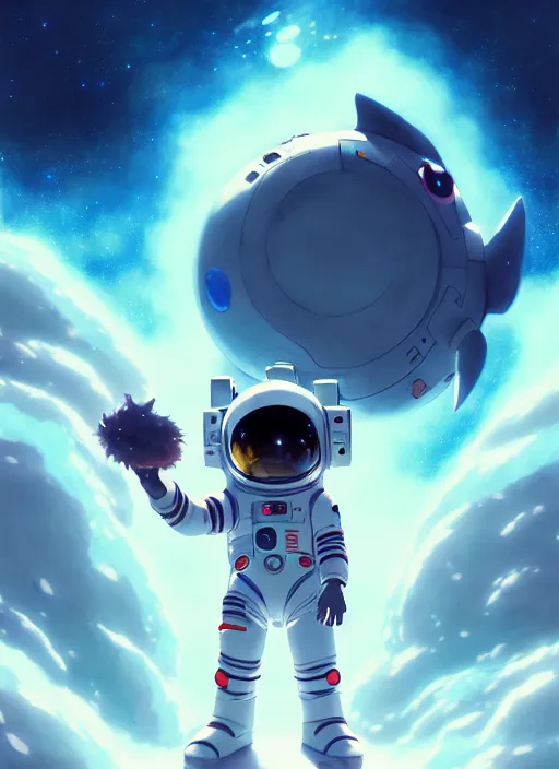 Prompt: portrait of cute kawaii astronaut android floating around a large biomechanical kaiju dragon, nebulous background of dynamic space, a dramatic composition by wlop and greg rutkowski and makoto shinkai and studio ghibli and kyoto animation