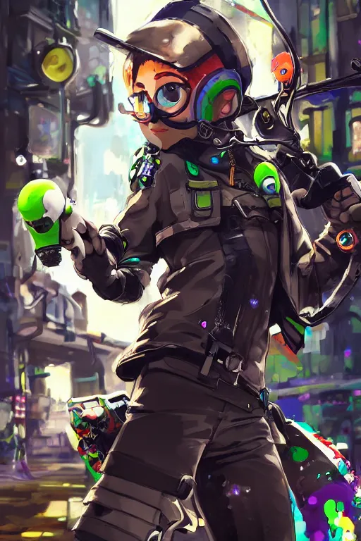 Image similar to splatoon nintendo one character dynamic poses digital painting on canvas, victorian steampunk, yoji shinkawa, yoshitaka amano, cyberpunk, trending on artstation, featured on pixiv, cinematic composition, 8 k