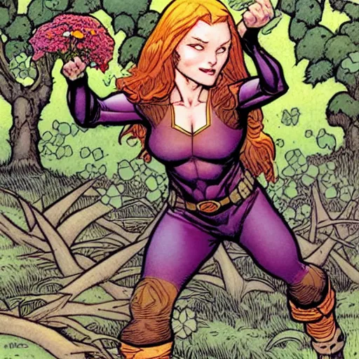 Prompt: A cute little Jean Grey by xmen collecting flowers in the forest. Absurdly-detailed fantasy character illustration by Rebecca Guay and Wayne Reynolds