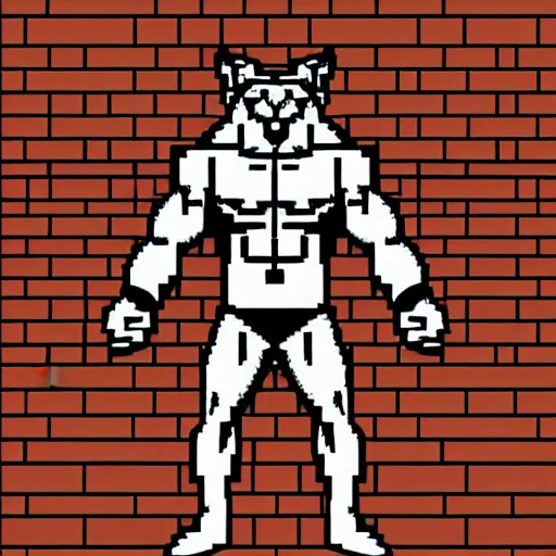 Prompt: full body portrait. 1 6 bit sega graphics. antropomorphic muscular masculine wolf, kickboxer fighter, in shorts, staying in front of brick wall. wolf head. furr on body