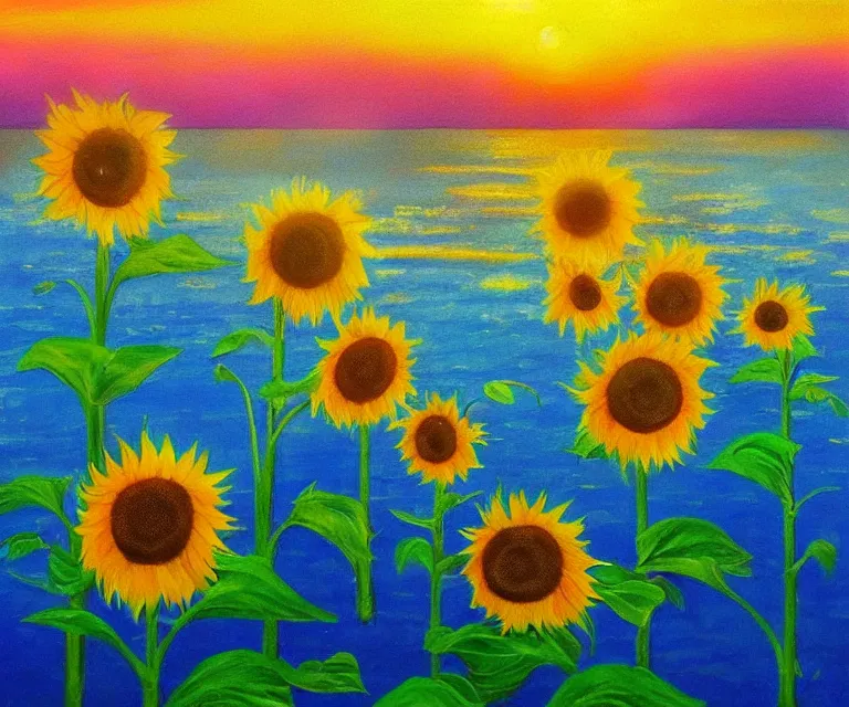 Prompt: sunflowers in the water, william henrits, hovik zohraybyan, water painting, bright colors, pink skies, sunrise, peaceful, serene, joy