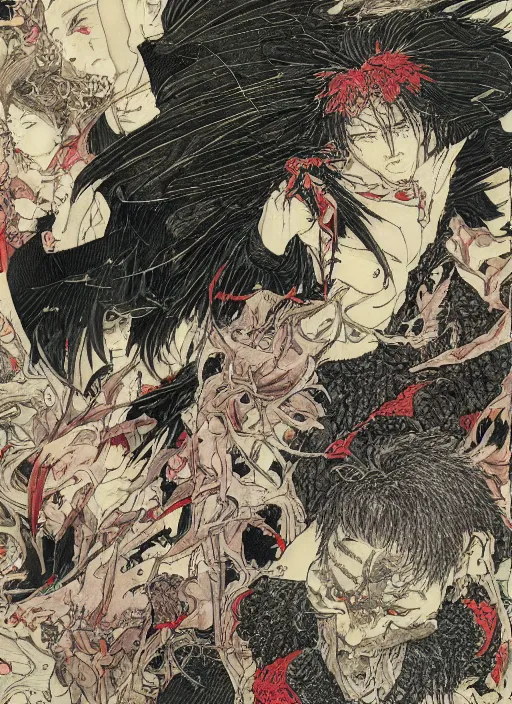 Image similar to battle between good and evil , battle between angels and demons, by and Takato Yamamoto and Yoshitaka Amano, high resolution, ultra detailed