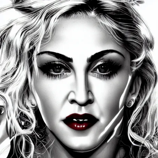 Prompt: close - up portrait of madonna with red creepy half closed eyes, detailed face, ultra photorealistic, concept art, intricate details, serious, highly detailed, smooth, sharp focus, 8 k