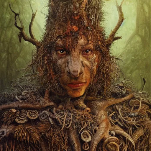 Image similar to detailed realistic body portrait of a ratfolk druid in wooden armor, covered in fungus and mushrooms, decayed plant matter, leaves, by Gerald Brom and Alan Lee, ArtStation