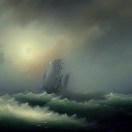 Prompt: a lonely ship drifting amongst the clouds , fog and heavy storm concept art in style of Ivan Aivazovsky