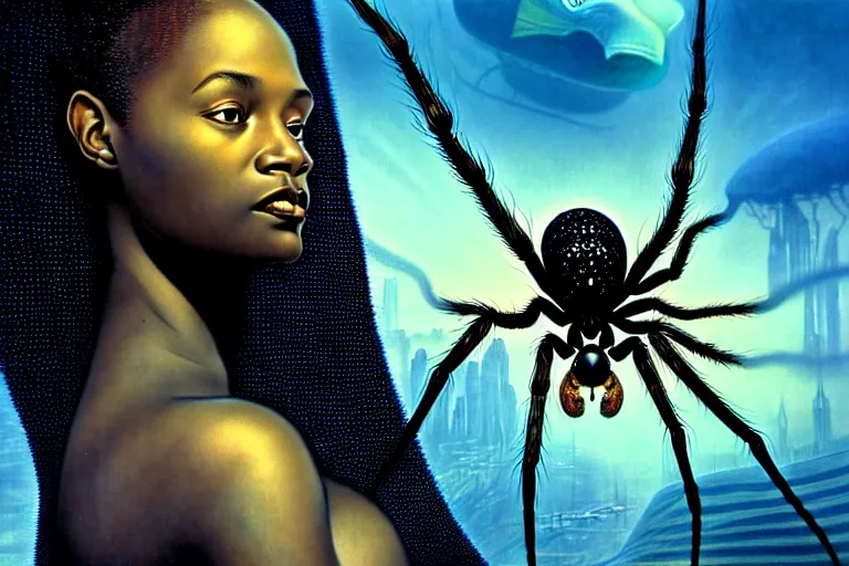 Prompt: realistic detailed photorealistic film portrait shot of a beautiful black woman with a giant spider, sci-fi city landscape background by Denis Villeneuve, Amano, Yves Tanguy, Alphonse Mucha, Ernst Haeckel, Andrei Tarkovsky, Edward Robert Hughes, Roger Dean, rich moody colours, wide angle, blue eyes