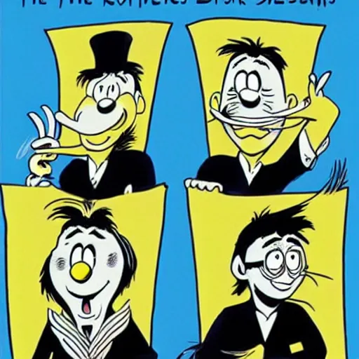 Image similar to The Beatles as a Dr. Seuss cartoon, album cover