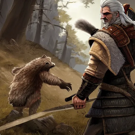 Prompt: geralt of rivia vs a giant racoon, digital art