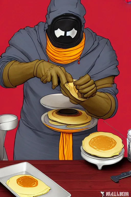 Image similar to mf doom making pancakes, animation pixar style, by pendleton ward, magali villeneuve, artgerm, rob rey and kentaro miura style, golden ratio, trending on art station