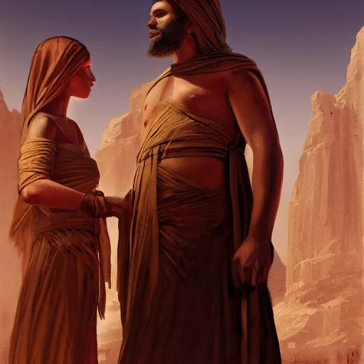 Prompt: portrait, 26 year old male in ancient Canaanite clothing meeting 18 year old female in ancient Canaanite clothing, dramatic lighting, cinematic, establishing shot, high detail, photo realistic, cinematic lighting, post processed, concept art, artstation, matte painting, style by eddie mendoza, raphael lacoste, alex ross