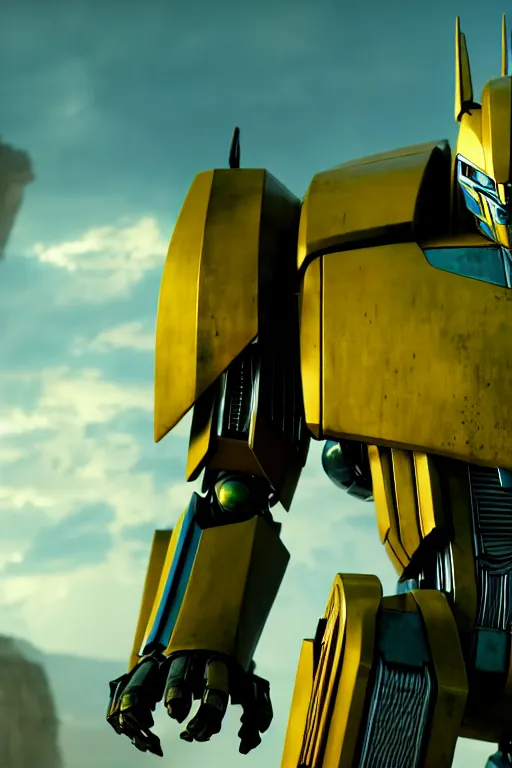Image similar to a cinematic still from transformers movie series, yellow mech, humanoid servo, octane render, nvidia raytracing demo, masterpiece, aged armor plating, aggressive head,