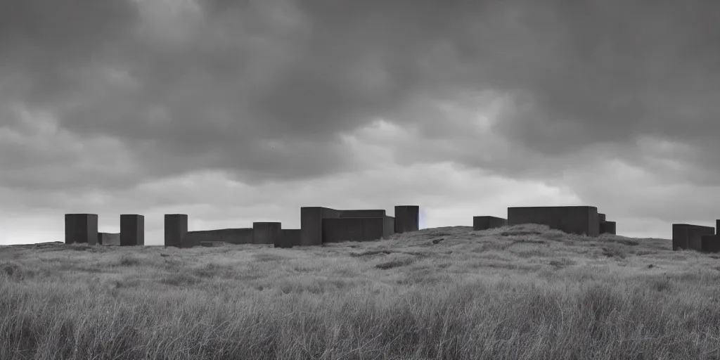 Prompt: endless brutalism landscape black sky,