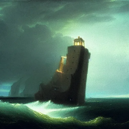 Image similar to a megalithic tower in the middle of the ocean at night during a storm, highly detailed painting by aivazovski 8 k