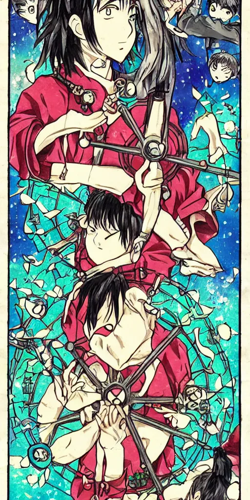 Prompt: Wheel of Fortune tarot card anime style drawn by Koyoharu Gotouge