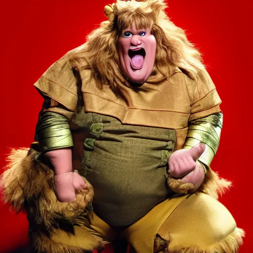 Image similar to snl chris farley as the cowardly lion of oz, studio poster photography, trending on artstation, featured on deviantart, award winning costume