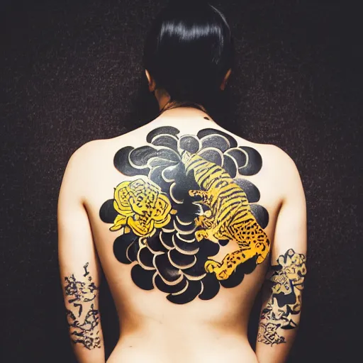 Image similar to photography of the back of a woman with a black detailed irezumi tatto representing a gold tiger with flowers, mid-shot, dark background, editorial photography