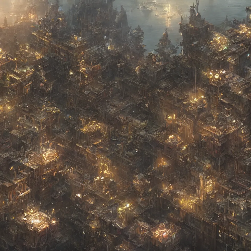 Image similar to a steampunk city combined with a floating island by Greg Rutkowski, Sung Choi, Mitchell Mohrhauser, Maciej Kuciara, Johnson Ting, Maxim Verehin, Peter Konig, final fantasy , 8k photorealistic, cinematic lighting, HD, high details, atmospheric , trending on artstation