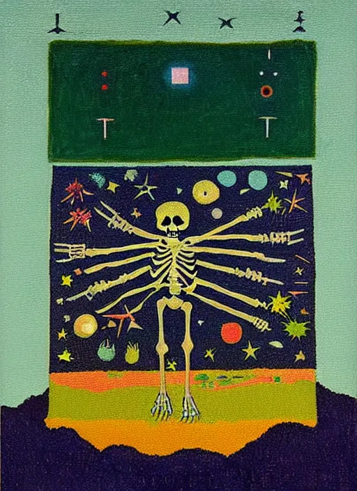 Prompt: pixel decollage painting tarot magician card composition wonky alien skeleton cook with knives in a dark green cloudy night sky with golden foil stars, occult symbols and tears, mountain lake and blossoming field in background, painted by mark rothko, helen frankenthaler, danny fox and hilma af klint, very pixelated, naive, expressionism