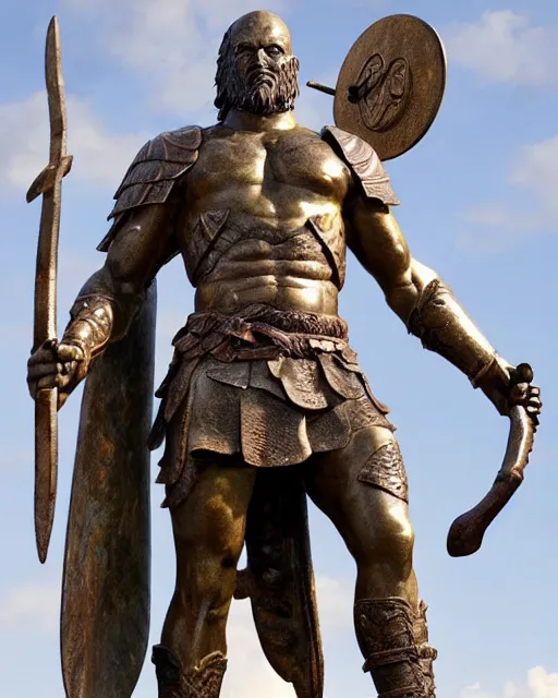 Prompt: a huge bronze statue of a spartanburg warrior holding his spear and shield, god of war, fantasy landscape, photorealistic, atmospheric