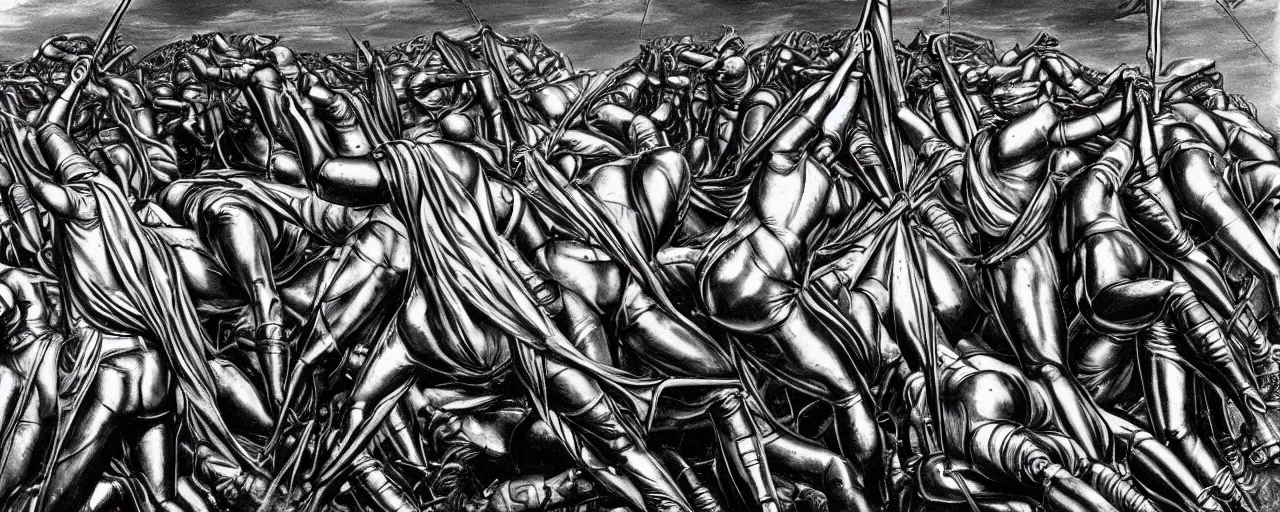 Image similar to androids raising the flag on iwo jima in the style of alex grey and hr giger