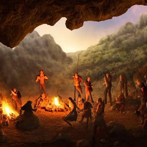 Image similar to medieval people dancing in a cave around a campfire, many minerals and crystals growing out of the ground, matte painting, 4k, very detailed, unreal 5