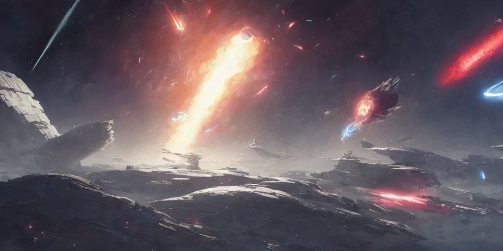 Image similar to Dramatic space battle among an asteroid field, immense and wondrous, Greg Rutkowski and Studio Ghibli