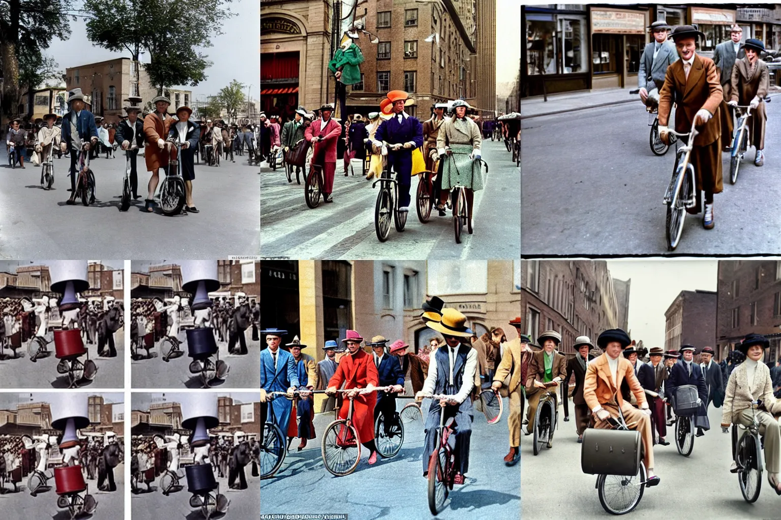 Prompt: colorized 1930 style street photography with many people riding unicycles while wearing hats, coats and suitcases