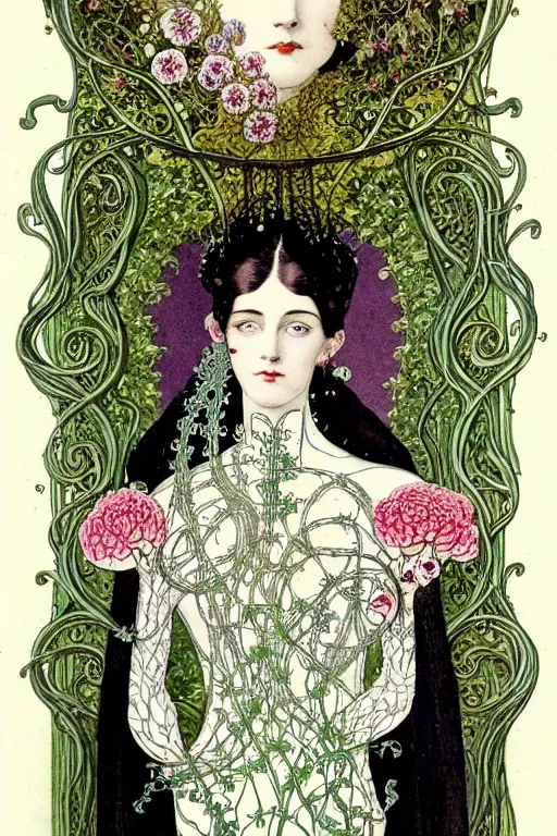 Image similar to centered detailed front view portrait of a victorian beautiful woman with ornate flowers growing around, inside a vine frame ornamentation, flowers, elegant, dark and gothic, full frame, art by kay nielsen and walter crane, illustration style, watercolor