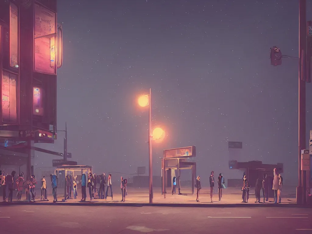 Prompt: few people waiting in a bus stop in dark city night, Low level, rendered by Beeple, Makoto Shinkai, syd meade, simon stålenhag, environment concept, synthwave style, digital art, unreal engine, WLOP, trending on artstation, 4K UHD image, octane render