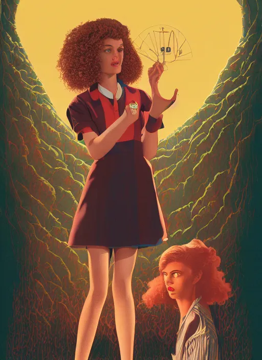 Image similar to poster artwork by Michael Whelan, Bob Larkin and Tomer Hanuka, Karol Bak of Zendaya is a high school student working at the diner wearing waitress dress, from scene from Twin Peaks, simple illustration, domestic, nostalgic, from scene from Twin Peaks, clean