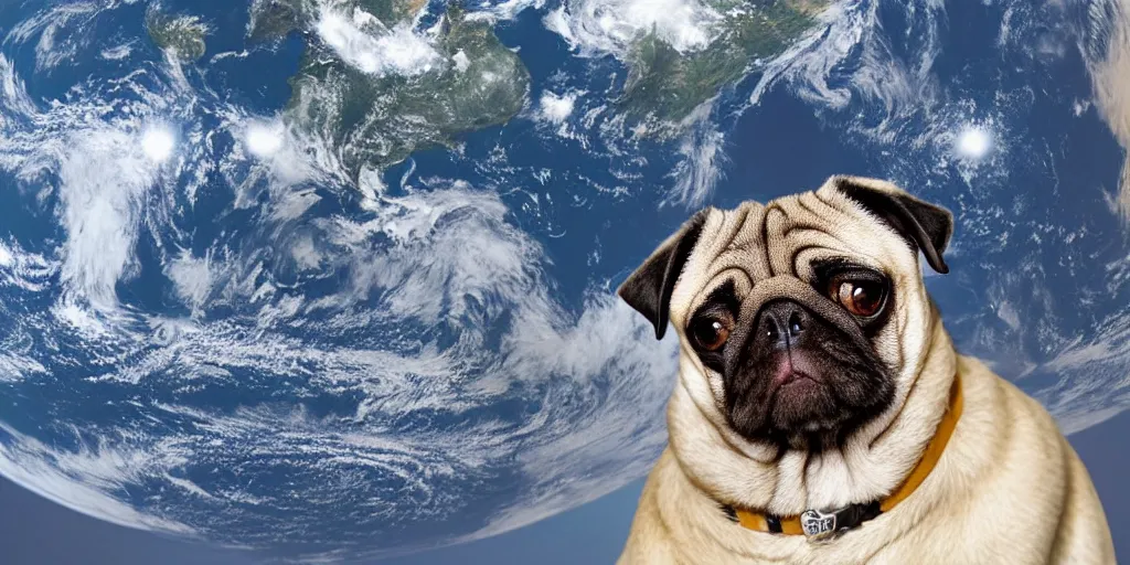 Prompt: a pug that is bigger than the earth, floating in space