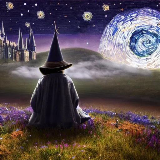 Image similar to a detailed matte painting of a cow wearing a witch hat, viewed in profile, glowing moths and fog in the background, starry night, black and blue color scheme with gold highlights, in the style of discworld and harry potter, 8 k, octane render