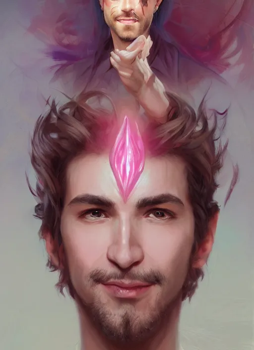 Image similar to character concept portrait of an attractive young smiling Spanish wizard with pink skin conjuring a love spell, a floating iridescent spell book in the center, intricate, elegant, digital painting, concept art, smooth, sharp focus, illustration, from Metal Gear, by Ruan Jia and Mandy Jurgens and William-Adolphe Bouguereau, Artgerm