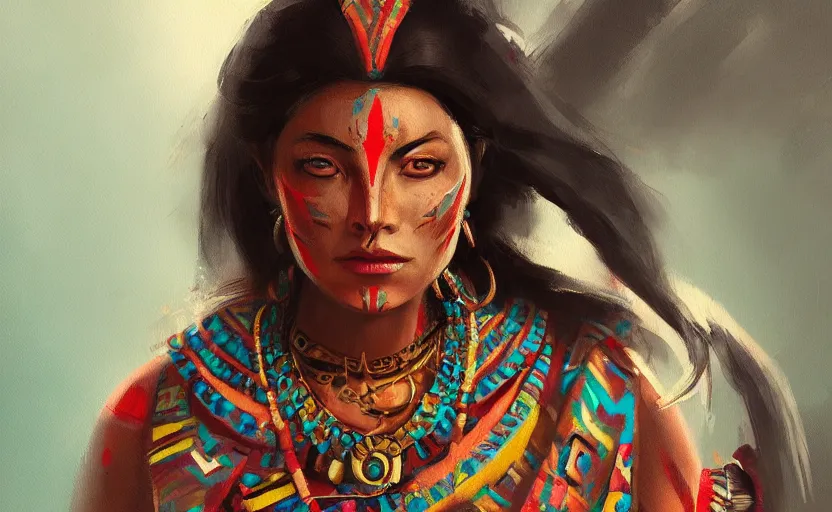 Prompt: A painting of a Aztec Woman trending on artstation in the style of Greg Rutkowski