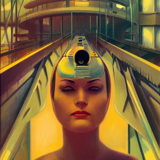 Image similar to detailed face of a woman, clockwork, moment, tectonic sky, skydome, bullet train, turbines, utopian, tech noir, wet reflections, prism, atmospheric, ambient, pj crook, syd mead, livia prima, greg rutkowski, edward hopper