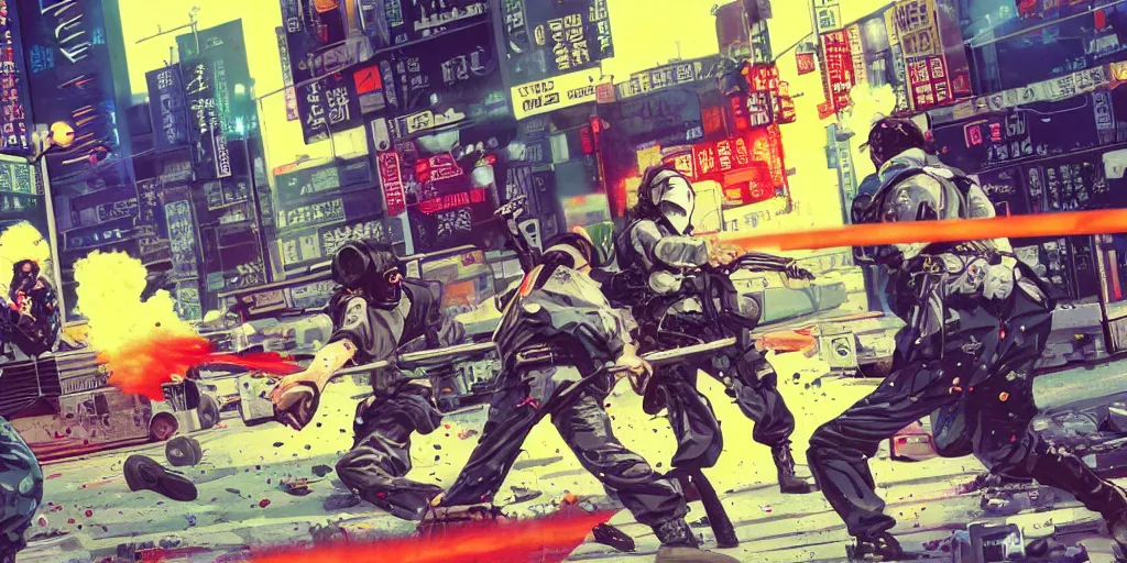 Image similar to 1991 Isometric Video Game Screenshot, Anime Neo-tokyo Cyborg bank robbers vs police shootout, bags of money, Police officer hit, Bullet Holes and Blood Splatter, Hostages, Smoke Grenade, Cyberpunk, Anime VFX, Violent, Action, Fire fight, FLCL, Free-fire, Highly Detailed, 8k :4 by Katsuhiro Otomo + Studio Gainax + Arc System Works : 8